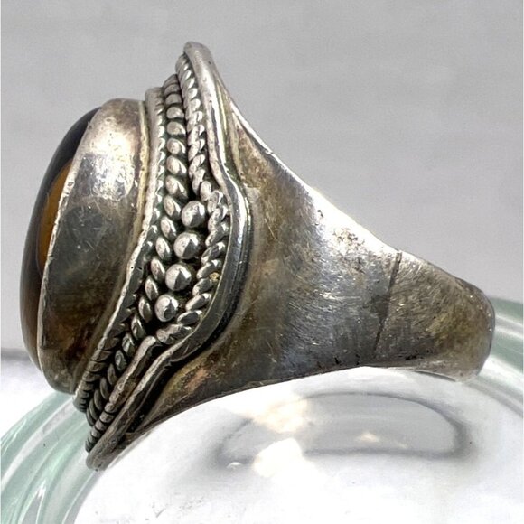 Vintage Sterling Silver Ring Tiger Eye Cabochon Ornate Detailing Boho Statement - Picture 5 of 9